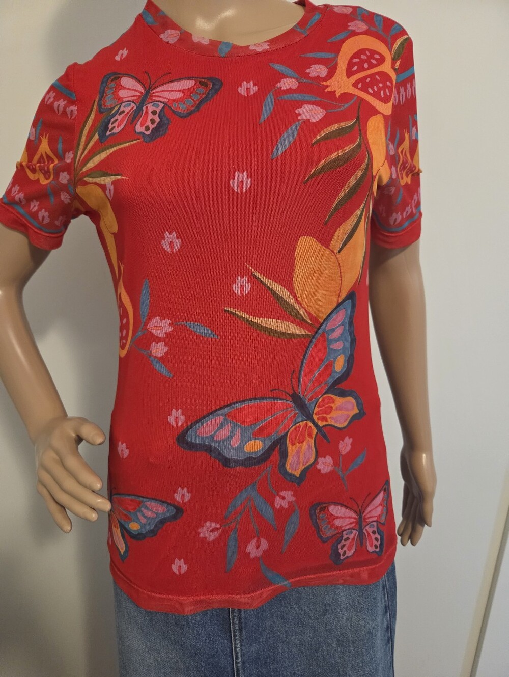 Johnny Was Jade Eleanor Short Sleeve Mesh Tee In Ekaterina ( Red) - Picture 3 of 10